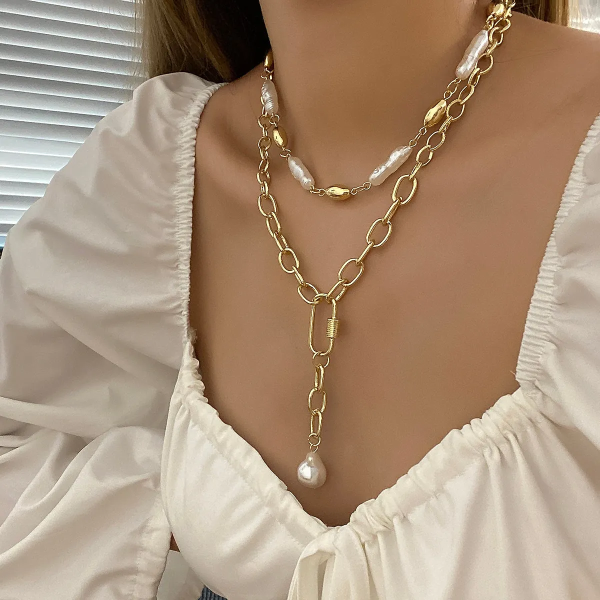 Ladies Gold Plated Chunky Pearl Bead Choker Chain & Irregular Pearl Necklace