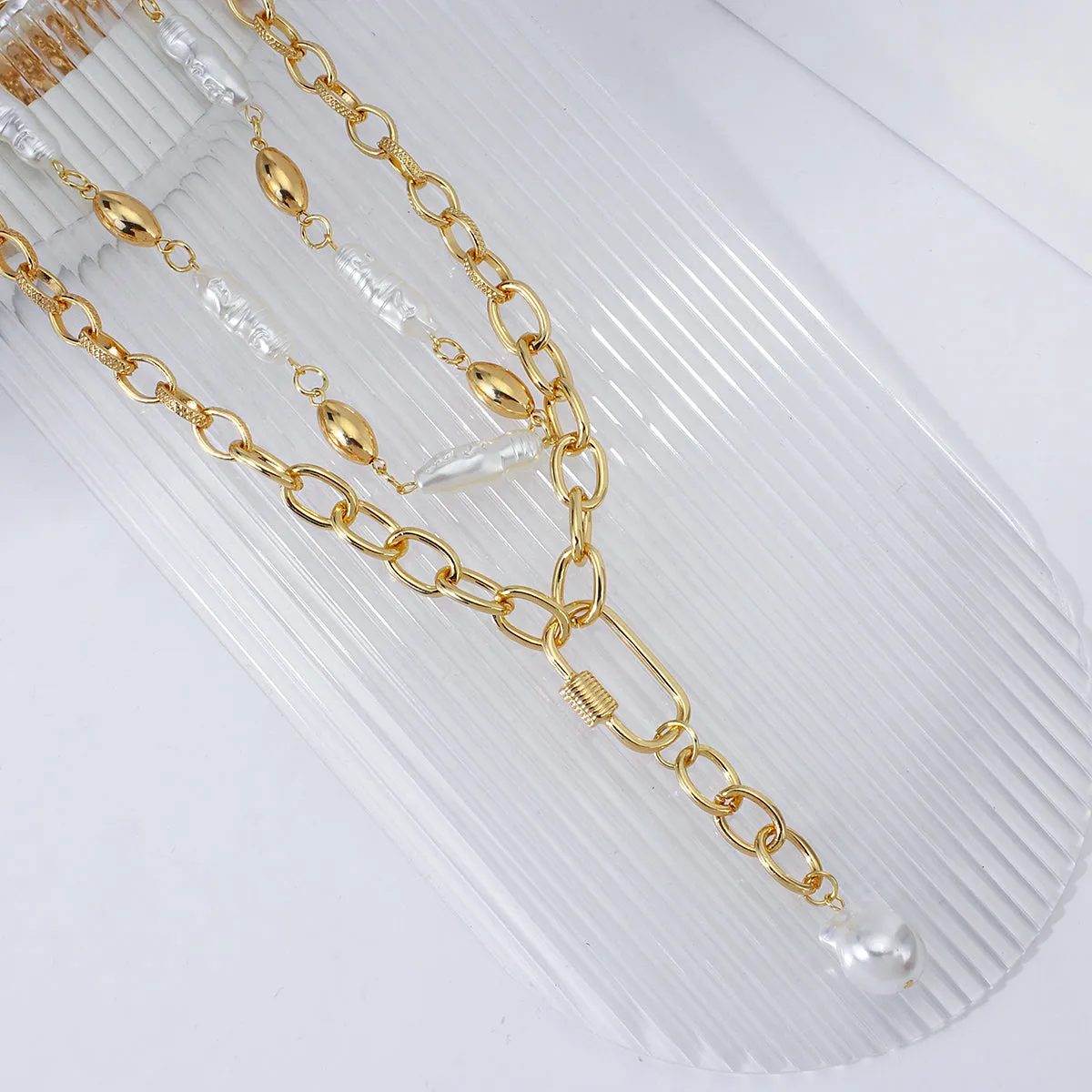 Ladies Gold Plated Chunky Pearl Bead Choker Chain & Irregular Pearl Necklace