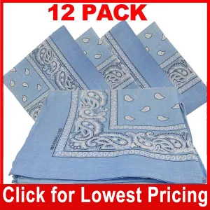 Light Blue Bandana - 100% Cotton - Paisley Bandana - 12 Pack