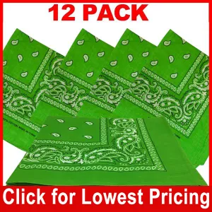Light Green Bandana - 100% Cotton - Paisley Bandana - 12 Pack
