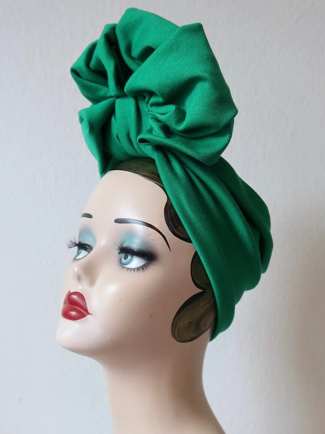 Made To Order: SCRUNCHIE KNOT 1940s Pre-tied Stretchy Turban in 8 Colours: red, black, leopard, olive green, mustard, rust, grey & navy