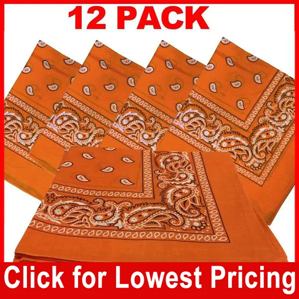 Orange Bandana - 100% Cotton - Paisley Bandana - 12 Pack