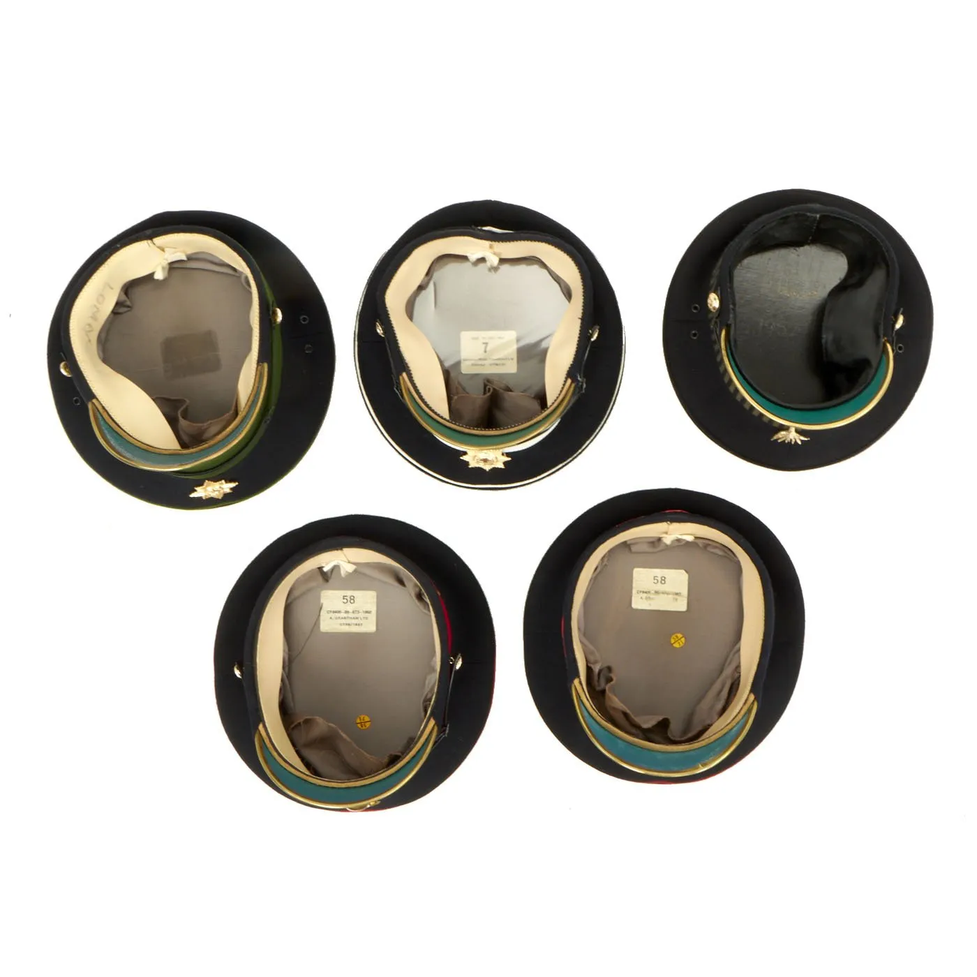 Original British Regimental Visor Caps - Set of 5 - Formerly Part the Tower of London Yeoman Warder’s Club Collection
