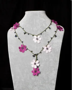 Oya Pomegranate Flowers Lariat - Pink and Fuchsia