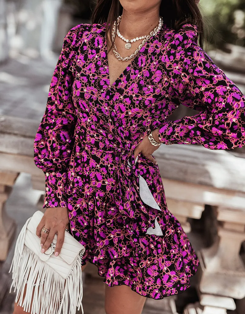 Rachel Chic Wrap Around Lantern Sleeve Mini Dress