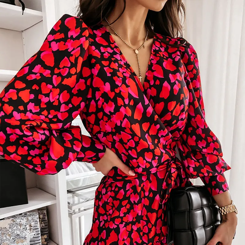 Rachel Chic Wrap Around Lantern Sleeve Mini Dress