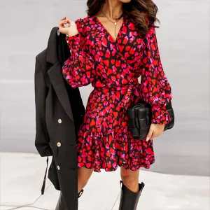 Rachel Chic Wrap Around Lantern Sleeve Mini Dress
