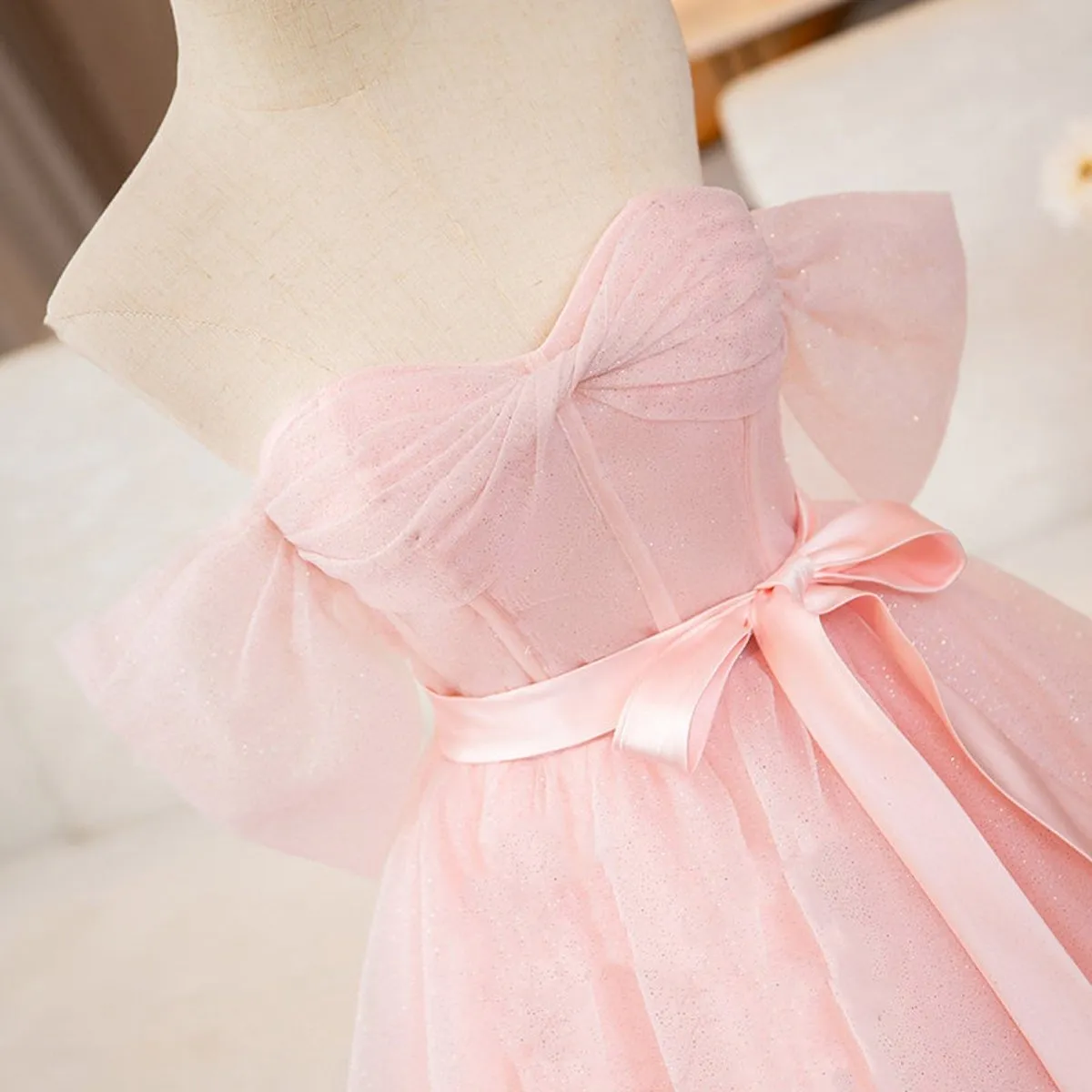 Silvia | Pink A Line Tulle Sweetheart Floor-Length Wedding Dress with Sashes