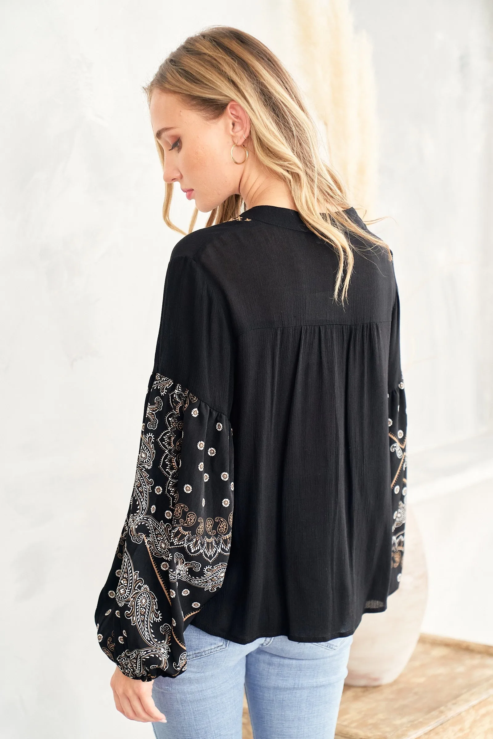 Solid knit and Bandana Print Mixed Embroidered Top
