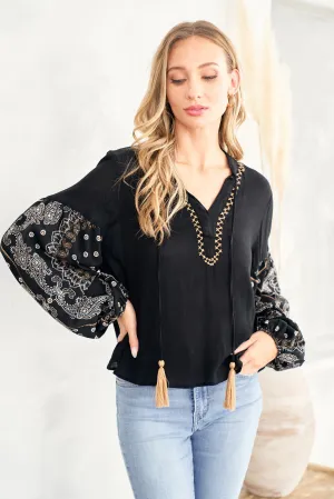 Solid knit and Bandana Print Mixed Embroidered Top