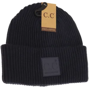 Solid Ribbed CC Beanie with Rubber Patch - Navy