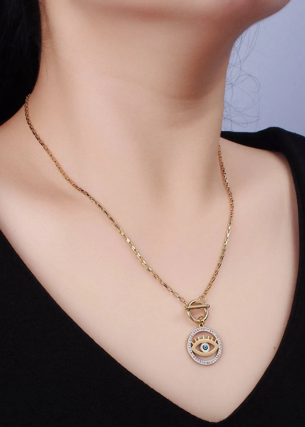 Stainless Steel Blue Evil Eye Open Clear Micro Paved CZ Toggle Clasps Necklace