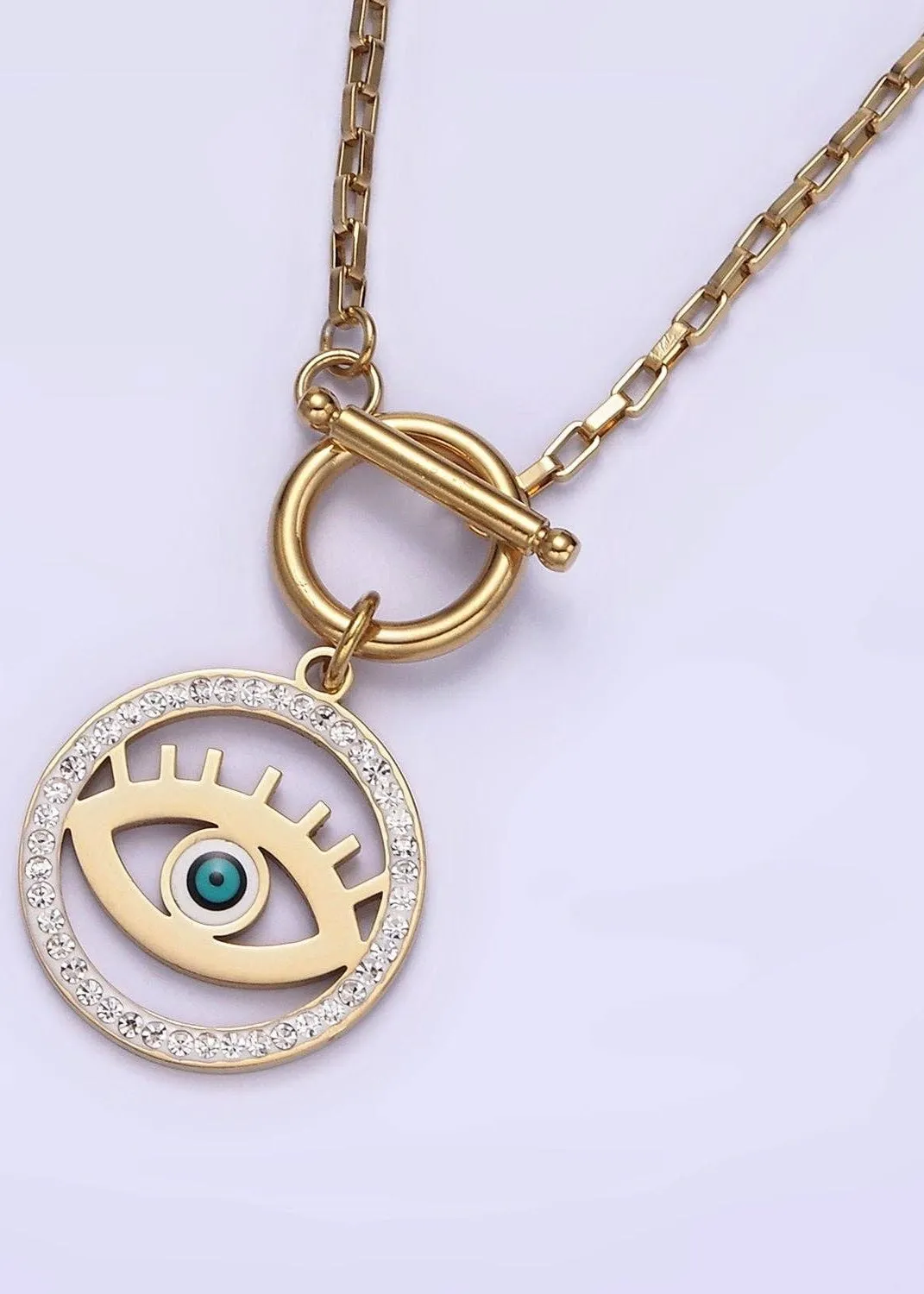 Stainless Steel Blue Evil Eye Open Clear Micro Paved CZ Toggle Clasps Necklace