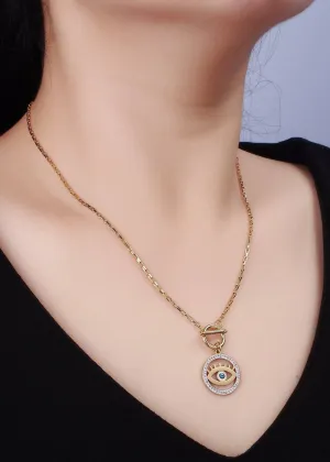 Stainless Steel Blue Evil Eye Open Clear Micro Paved CZ Toggle Clasps Necklace