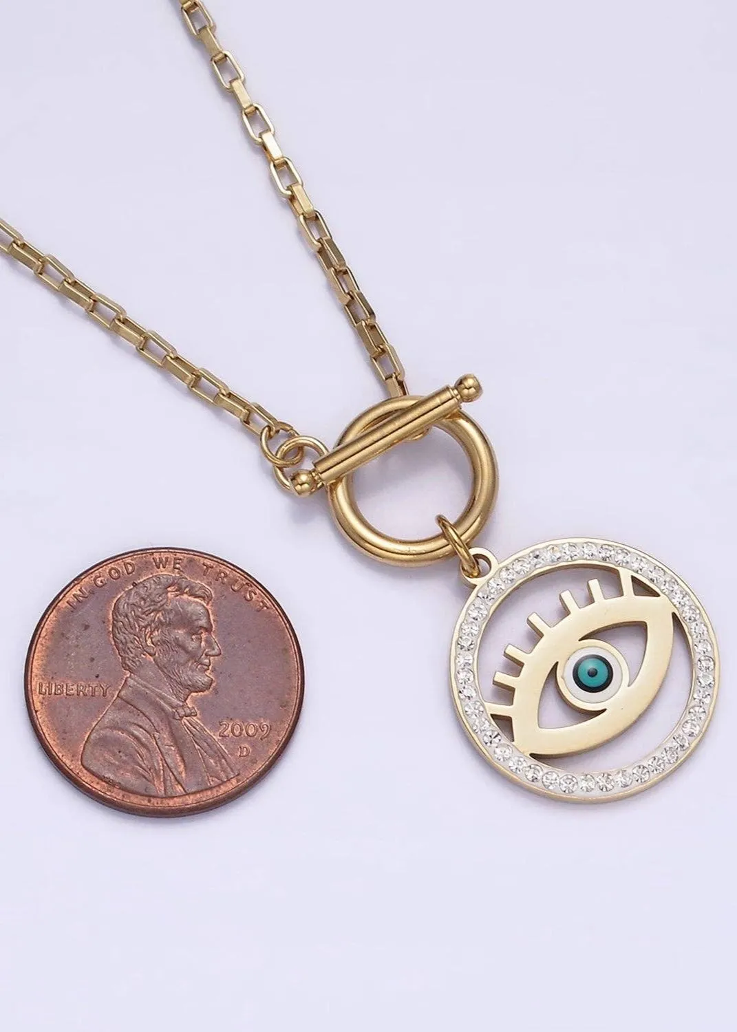 Stainless Steel Blue Evil Eye Open Clear Micro Paved CZ Toggle Clasps Necklace
