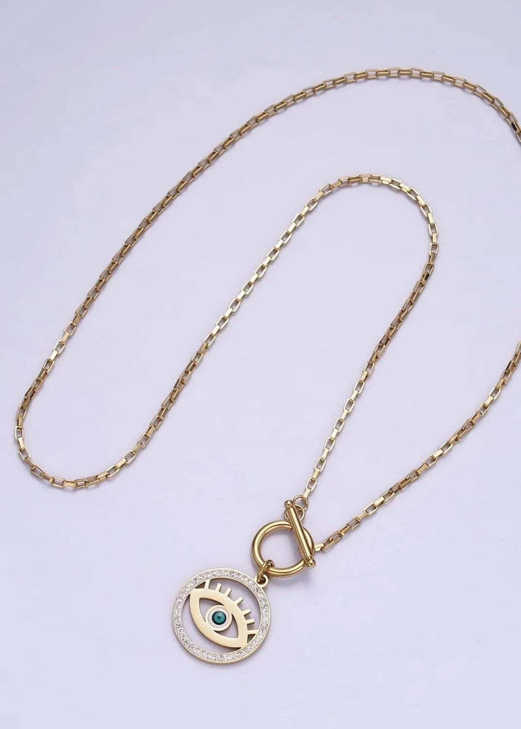 Stainless Steel Blue Evil Eye Open Clear Micro Paved CZ Toggle Clasps Necklace