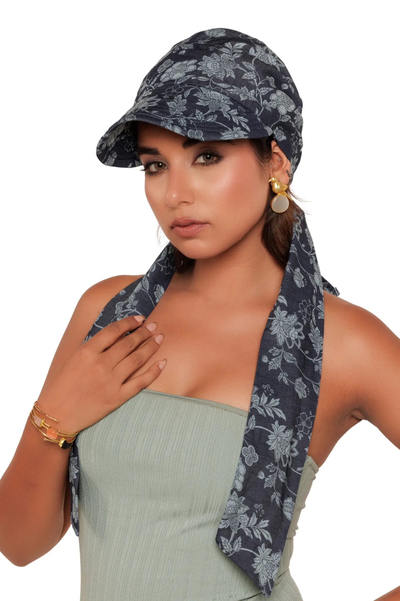 The Headscarves Cotton Printed Visor Printed Floral Headwear with Medium Tail