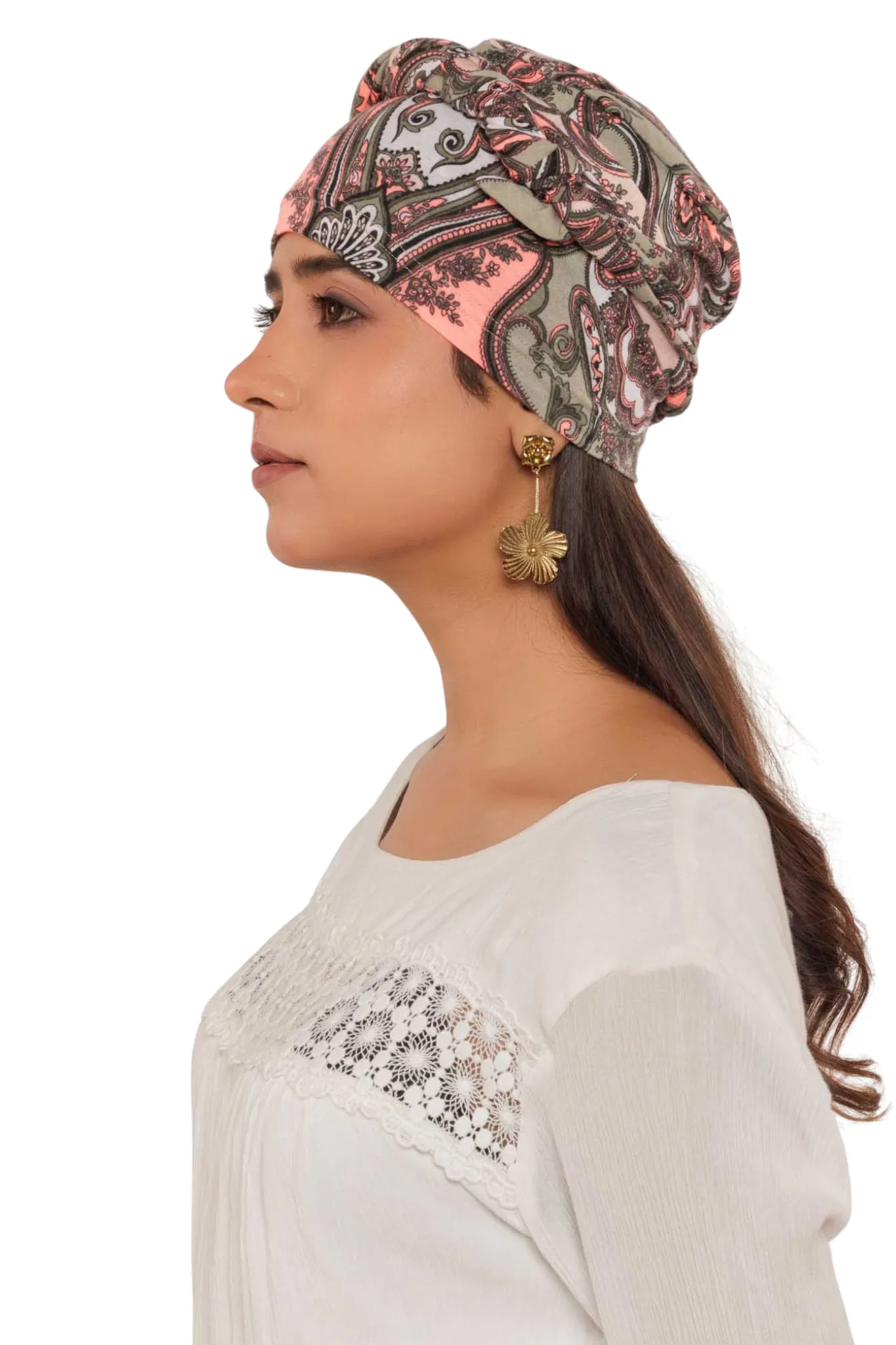 The Headscarves Women Bamboo Viscose Printed Cap With Printed Tail Scarf for Chemo Hair