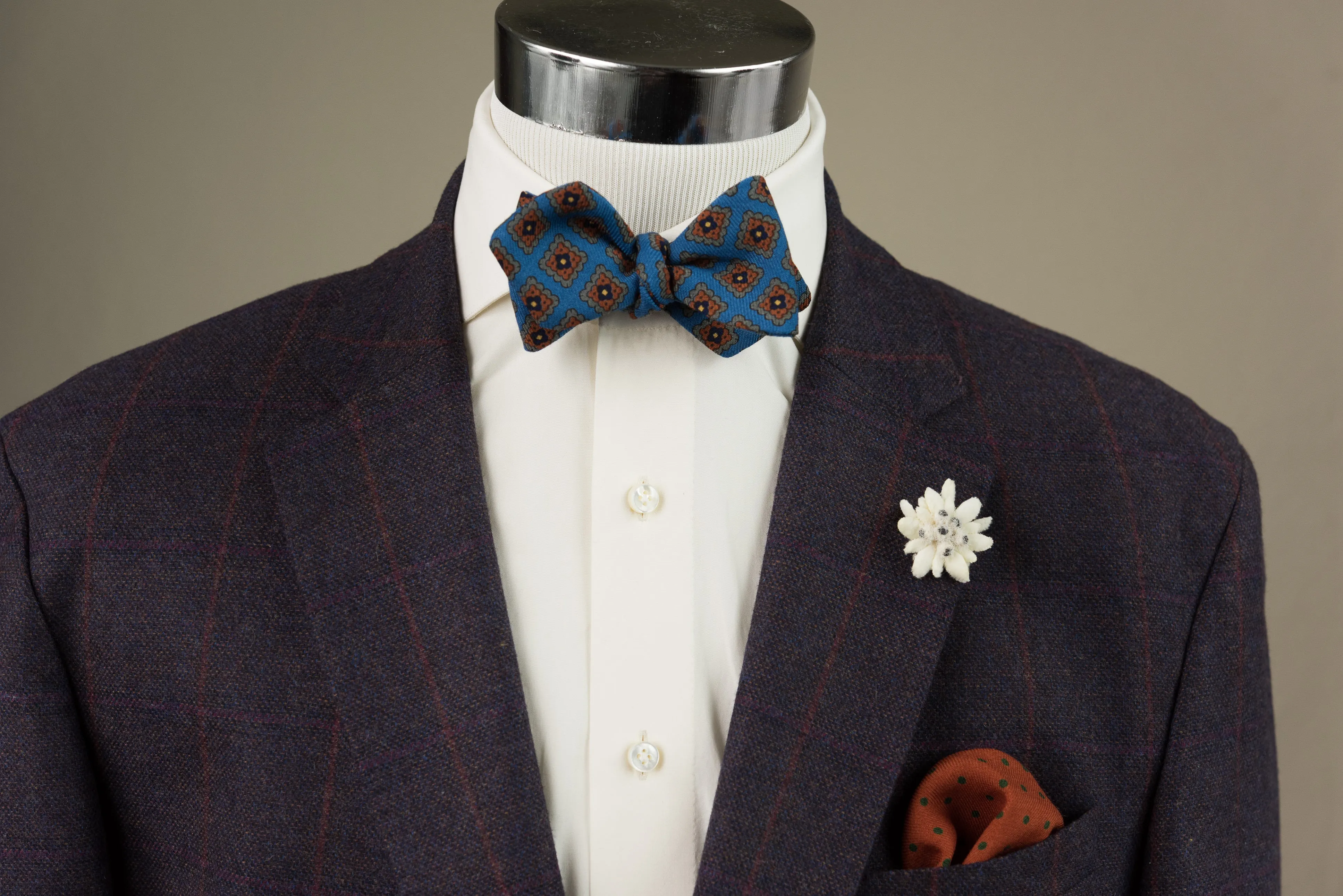 Turquoise & Orange Wool Challis Diamond Bow Tie