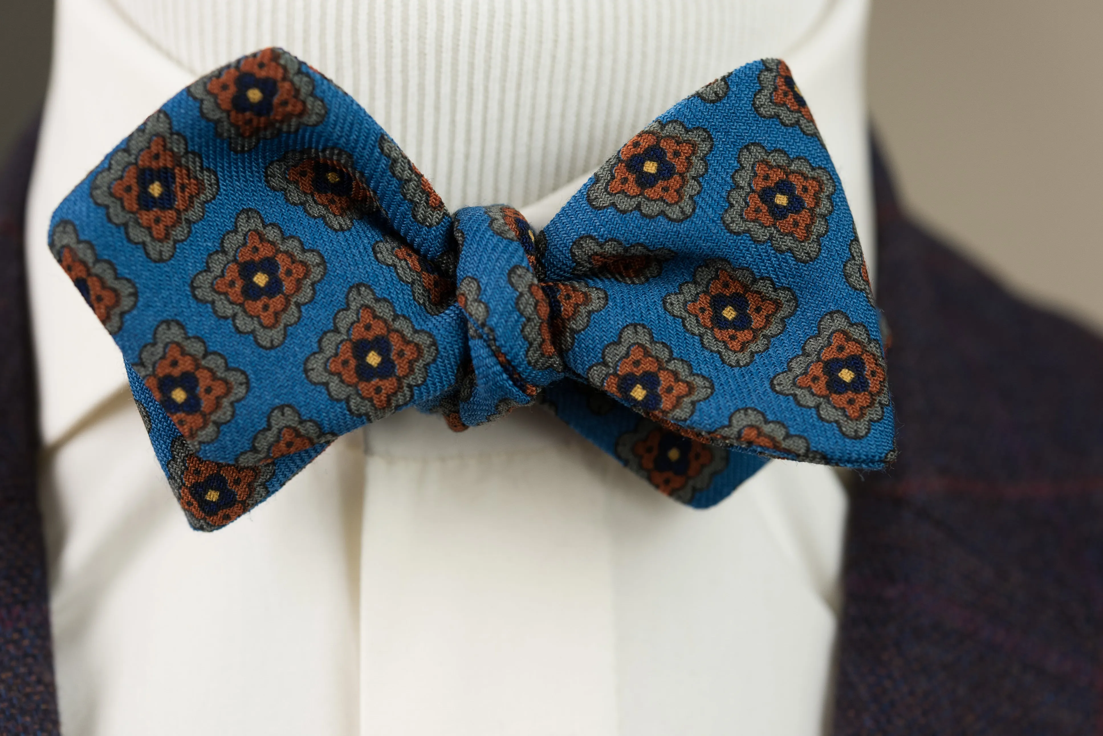 Turquoise & Orange Wool Challis Diamond Bow Tie