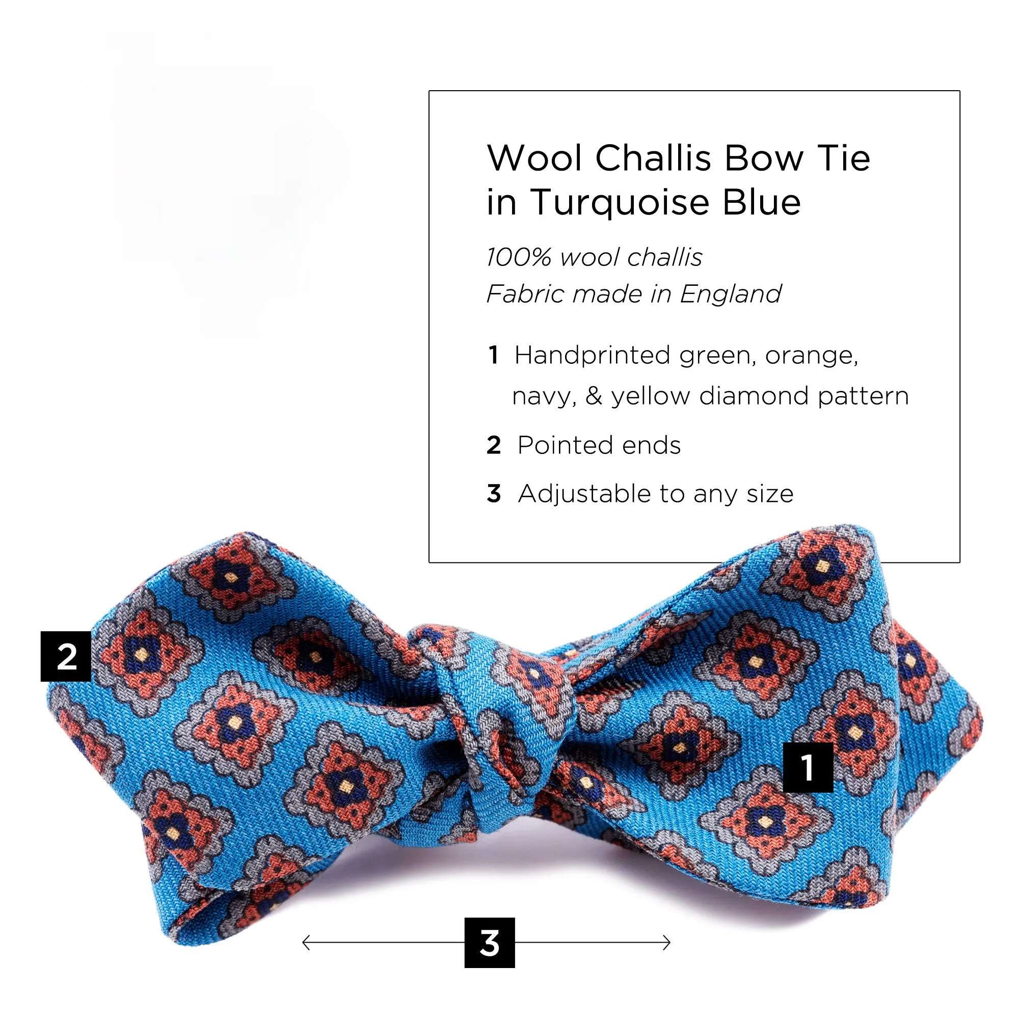 Turquoise & Orange Wool Challis Diamond Bow Tie