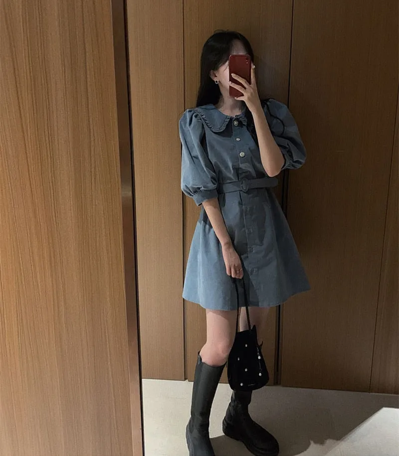 VenusFox New Women Spring Summer Shirt Dresses Fashionable Elegant High Waist Vintage Korean Puff Sleeve With Belt Mini Dress