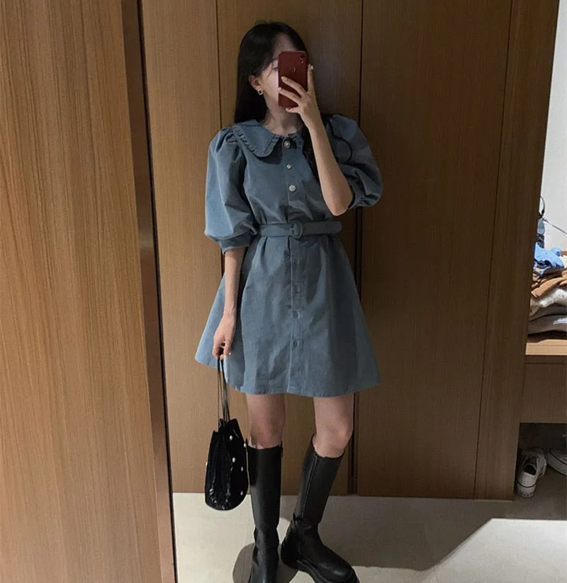 VenusFox New Women Spring Summer Shirt Dresses Fashionable Elegant High Waist Vintage Korean Puff Sleeve With Belt Mini Dress