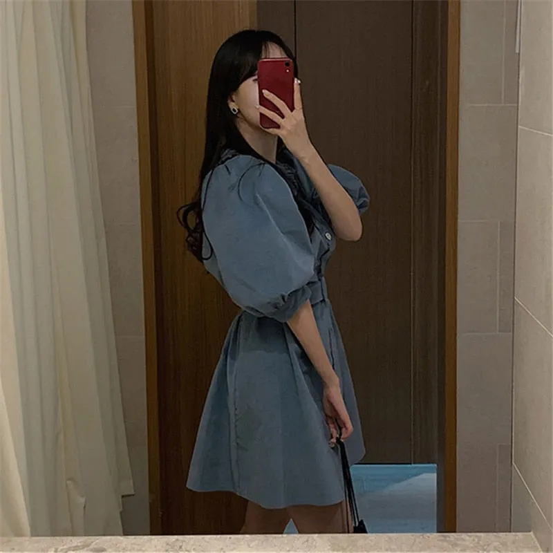 VenusFox New Women Spring Summer Shirt Dresses Fashionable Elegant High Waist Vintage Korean Puff Sleeve With Belt Mini Dress