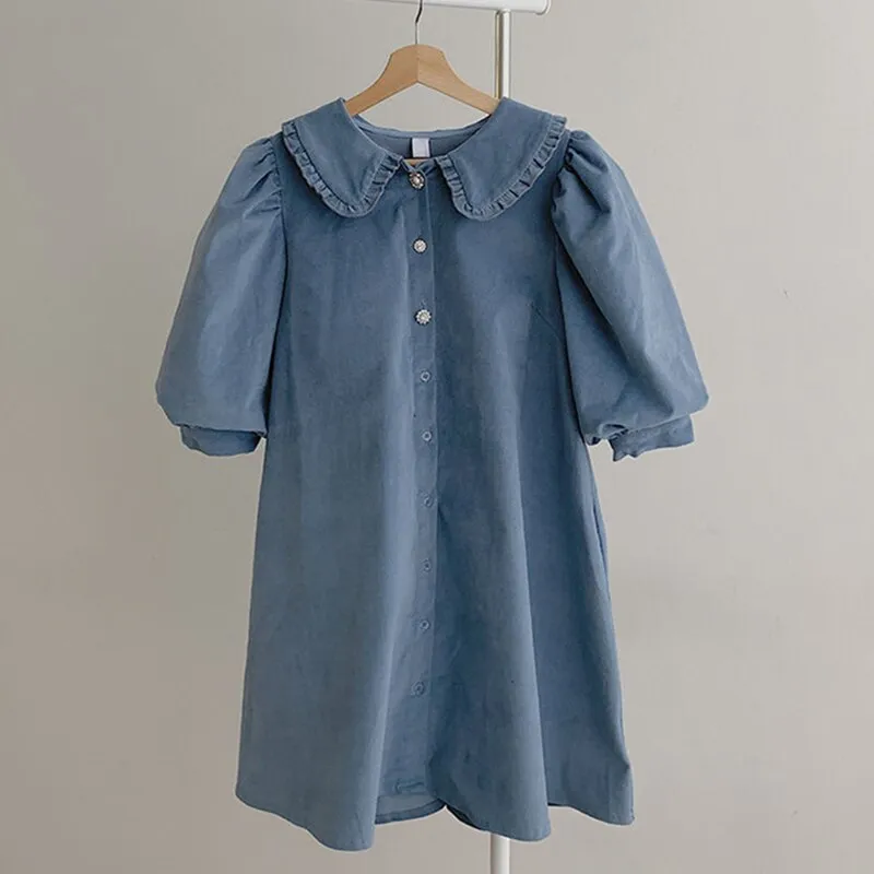 VenusFox New Women Spring Summer Shirt Dresses Fashionable Elegant High Waist Vintage Korean Puff Sleeve With Belt Mini Dress