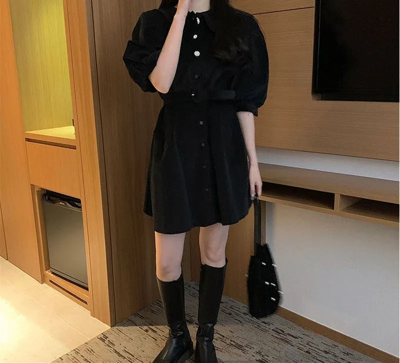VenusFox New Women Spring Summer Shirt Dresses Fashionable Elegant High Waist Vintage Korean Puff Sleeve With Belt Mini Dress