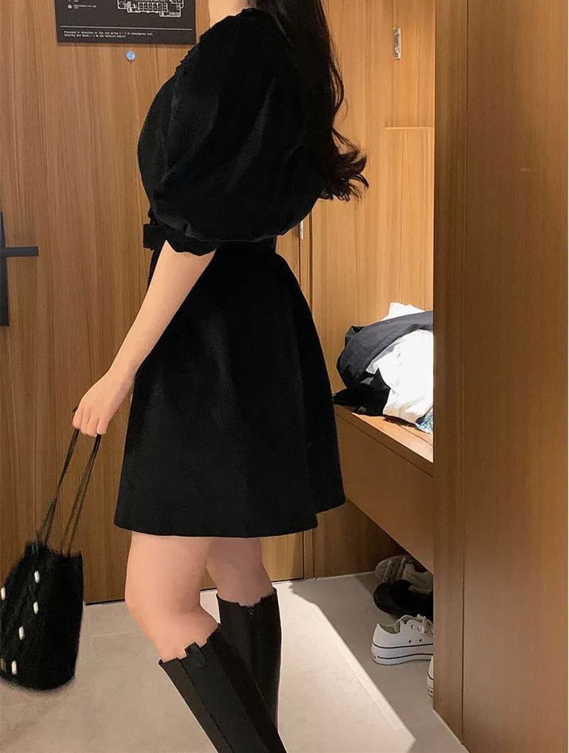VenusFox New Women Spring Summer Shirt Dresses Fashionable Elegant High Waist Vintage Korean Puff Sleeve With Belt Mini Dress