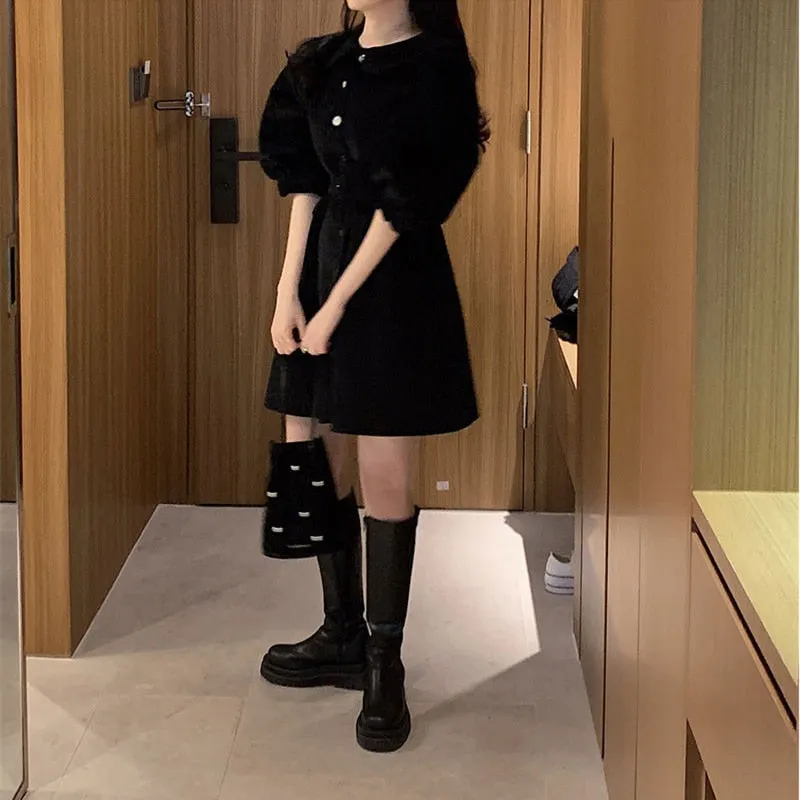 VenusFox New Women Spring Summer Shirt Dresses Fashionable Elegant High Waist Vintage Korean Puff Sleeve With Belt Mini Dress