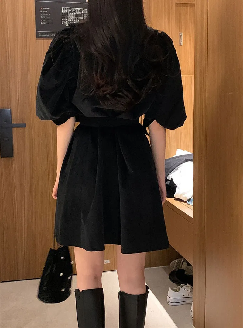 VenusFox New Women Spring Summer Shirt Dresses Fashionable Elegant High Waist Vintage Korean Puff Sleeve With Belt Mini Dress