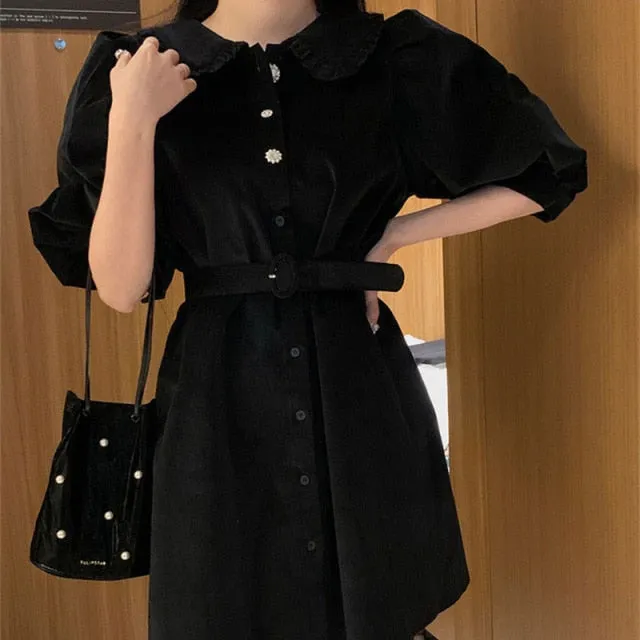 VenusFox New Women Spring Summer Shirt Dresses Fashionable Elegant High Waist Vintage Korean Puff Sleeve With Belt Mini Dress