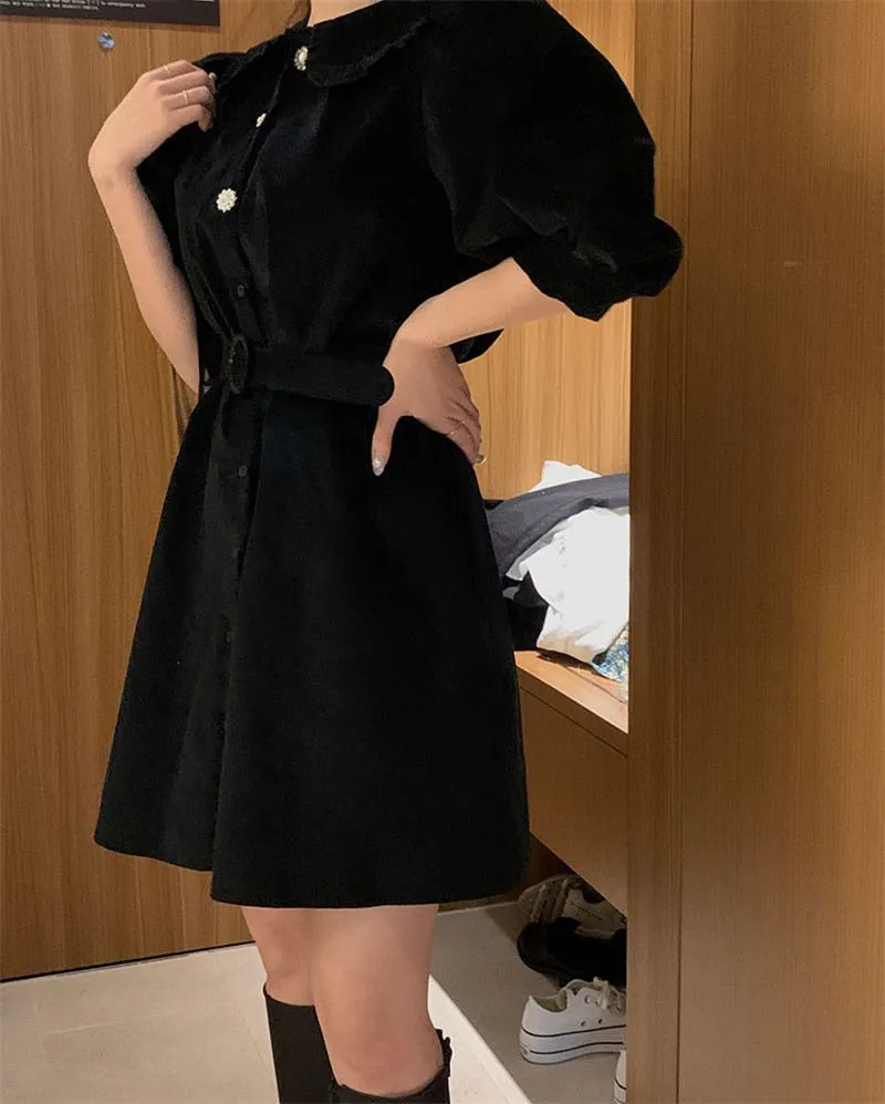 VenusFox New Women Spring Summer Shirt Dresses Fashionable Elegant High Waist Vintage Korean Puff Sleeve With Belt Mini Dress