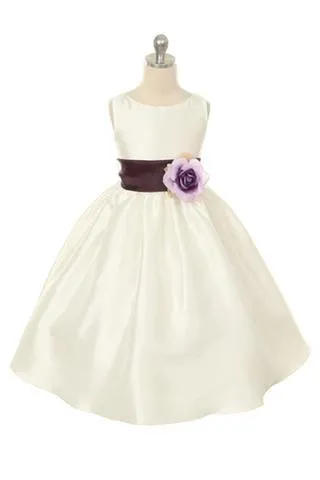 White Classic Poly Silk Girls Dress with Organza Sash