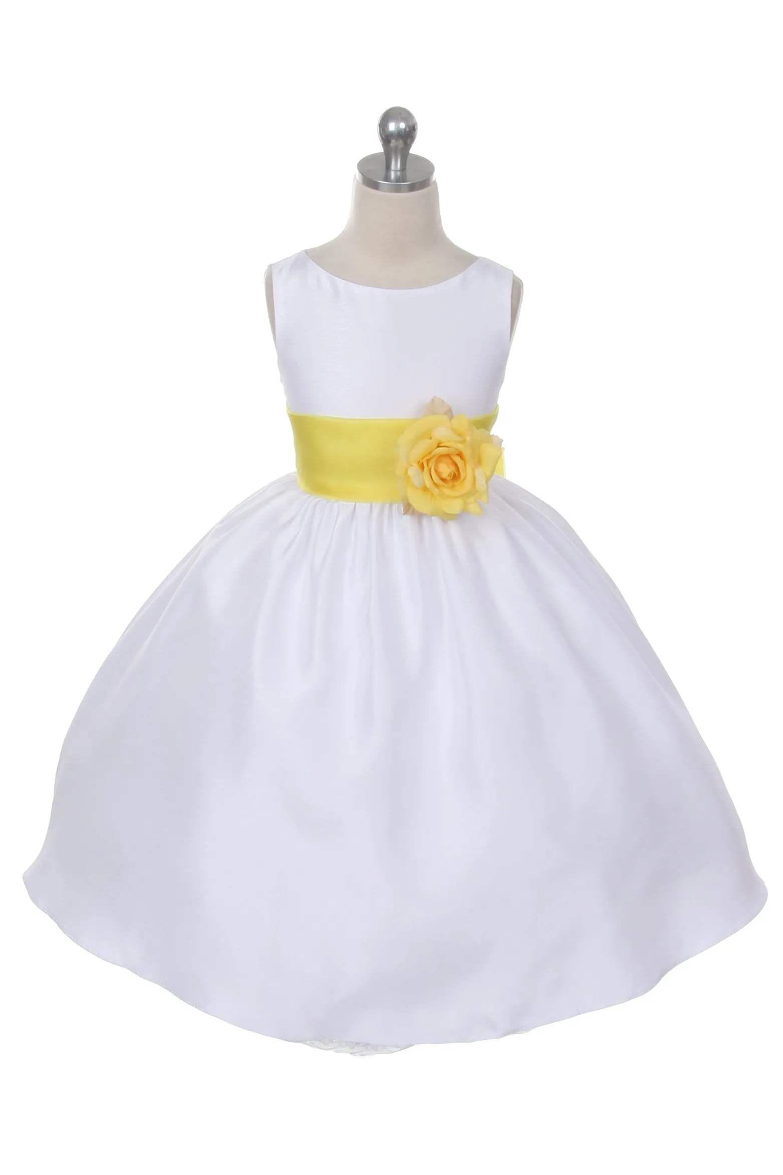 White Classic Poly Silk Girls Dress with Organza Sash
