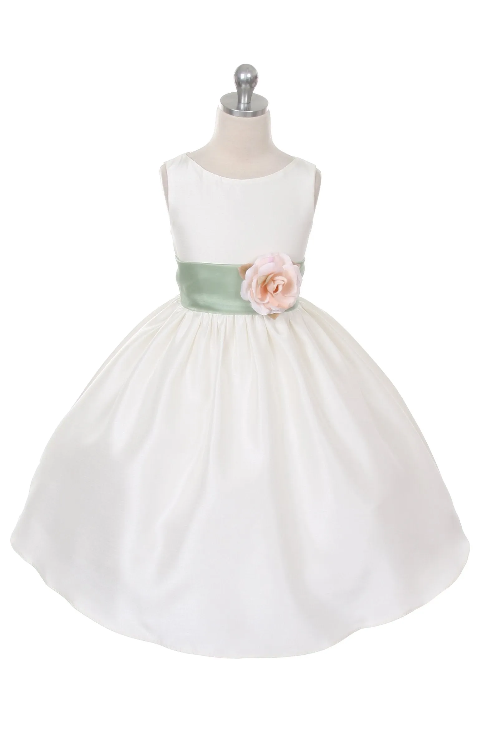 White Classic Poly Silk Girls Dress with Organza Sash