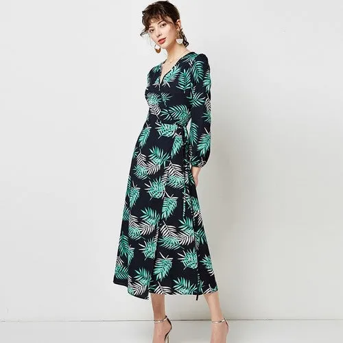 Women V Neck Sexy Split Elegant Dress Vintage