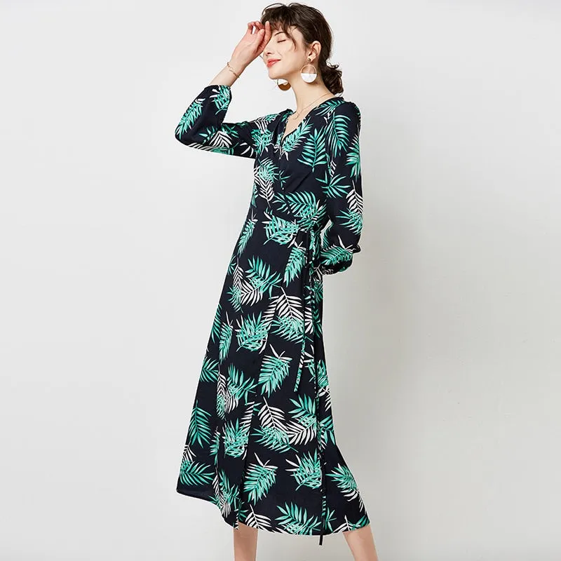 Women V Neck Sexy Split Elegant Dress Vintage