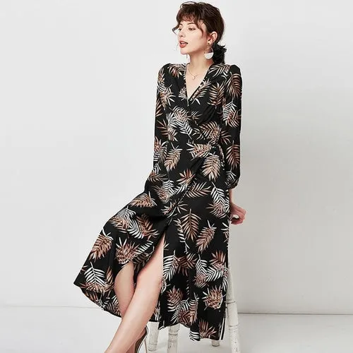 Women V Neck Sexy Split Elegant Dress Vintage