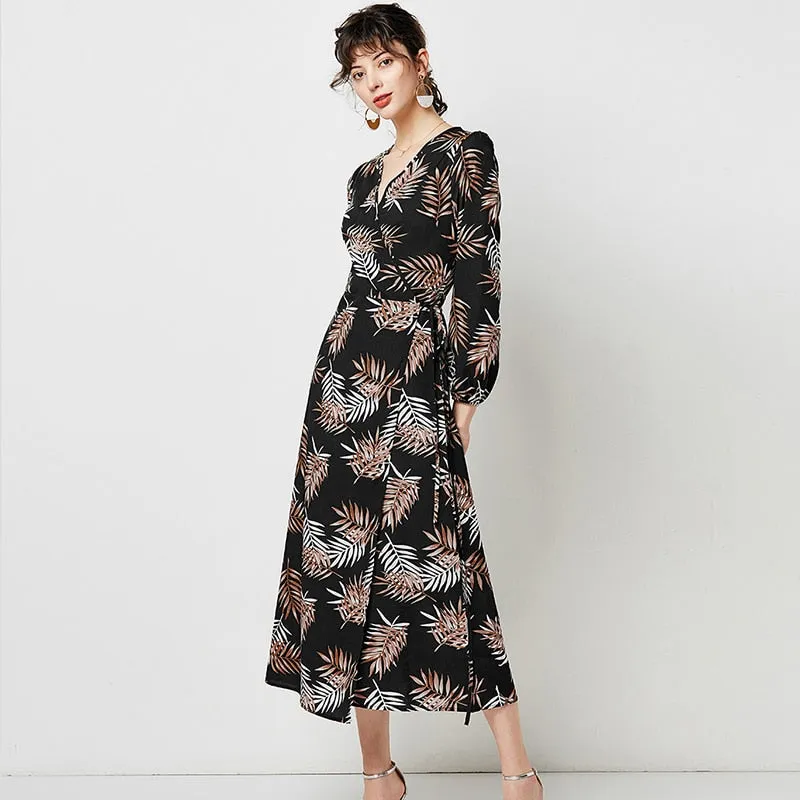 Women V Neck Sexy Split Elegant Dress Vintage