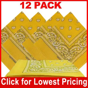 Yellow Bandana - 100% Cotton - Paisley Bandana - 12 Pack