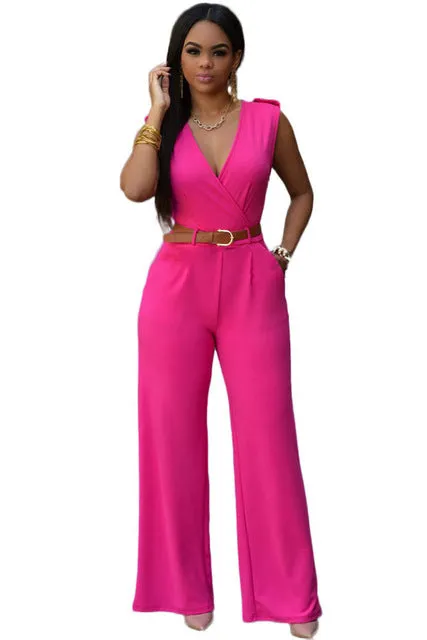 Zkess Jumpsuit Long Pants Women Rompers Sleeveless XXL V-neck 2017 Belt Solid Sexy Night Club Elegant Slim Jumpsuits Overalls
